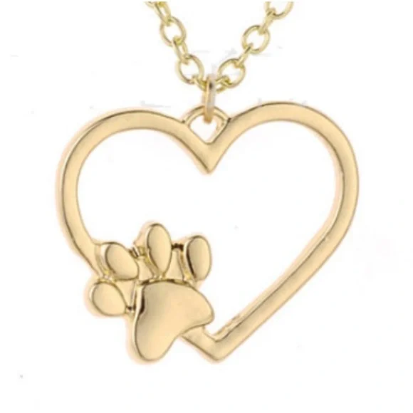 Gold Puppy Lovers Dog Paw Heart Charm Necklace - Picture 2 of 3